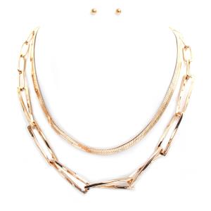 2 LAYERED METAL CHAIN NECKLACE EARRING SET