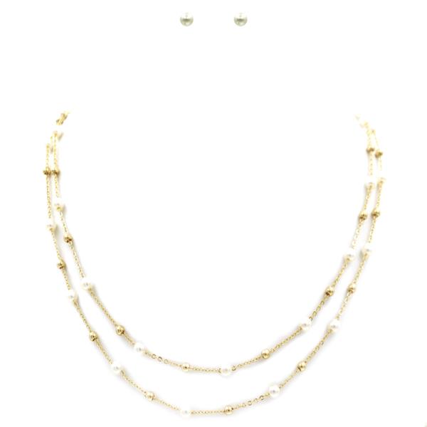 2 LAYERED METAL PEARL CHAIN NECKLACE EARRING SET