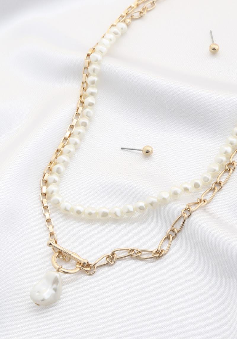 PEARL BEAD TOGGLE CLASP METAL LAYERED NECKLACE