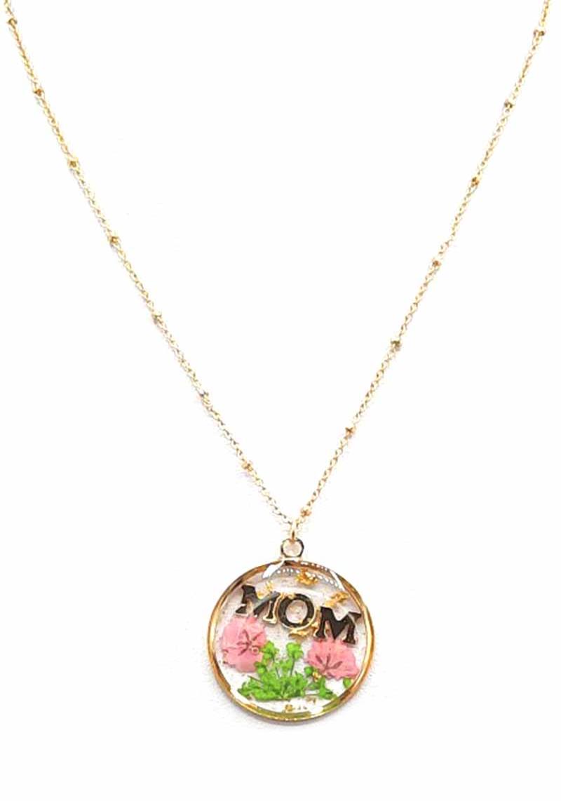 ROUND RESIN FLOWER MOM PENDANT NECKLACE