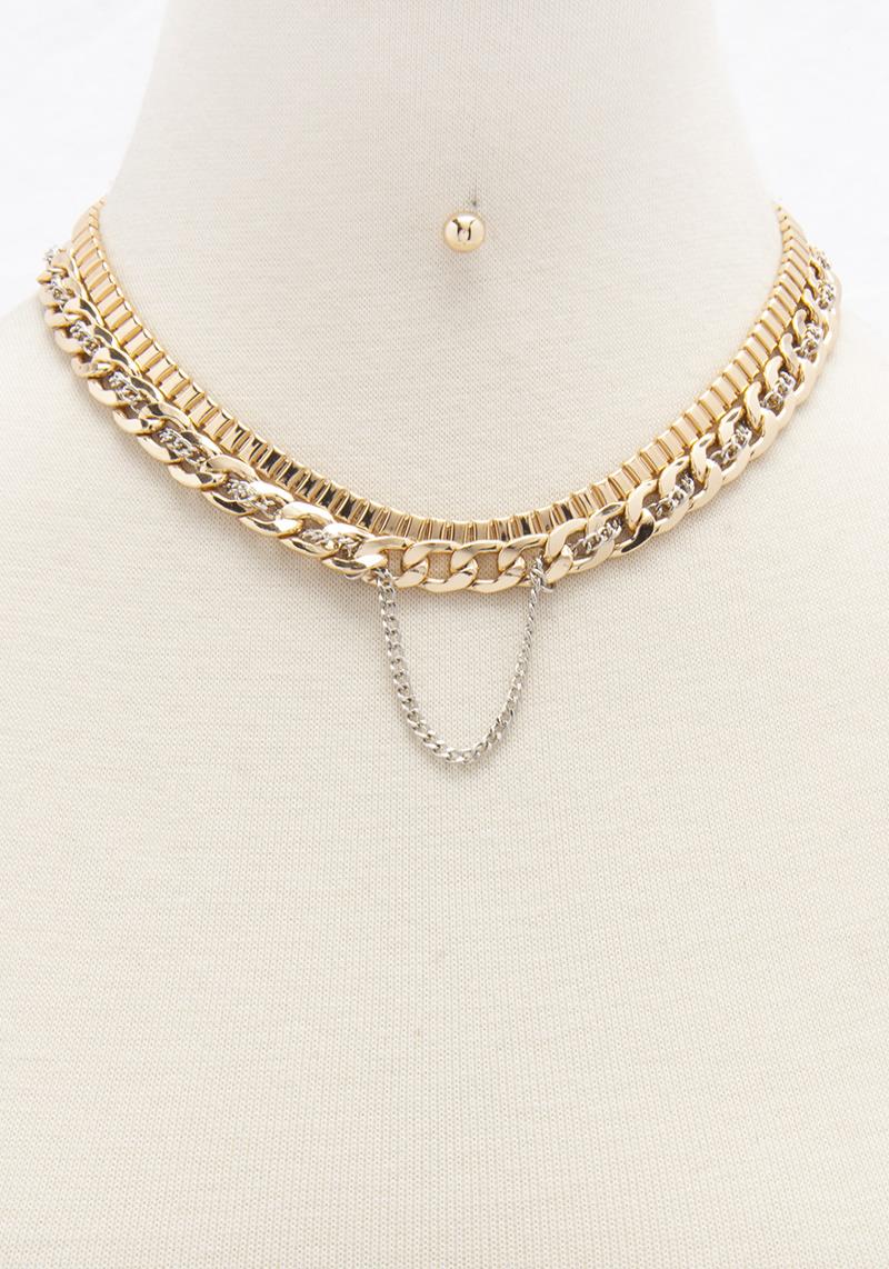 2 LAYERED METAL TWIST CHAIN NECKLACE EARRING SET