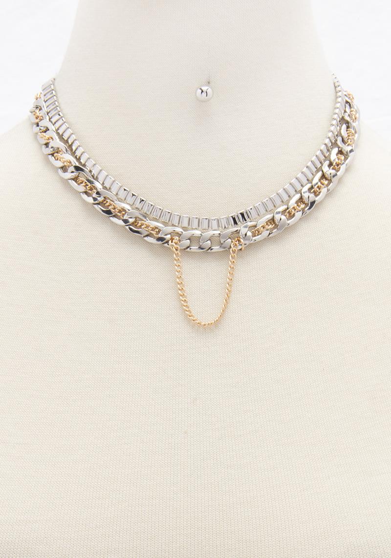 2 LAYERED METAL TWIST CHAIN NECKLACE EARRING SET