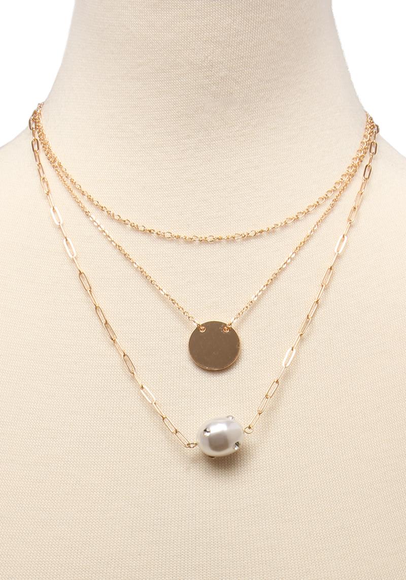 3 LAYERED METAL CHAIN PEARL PENDANT NECKLACE