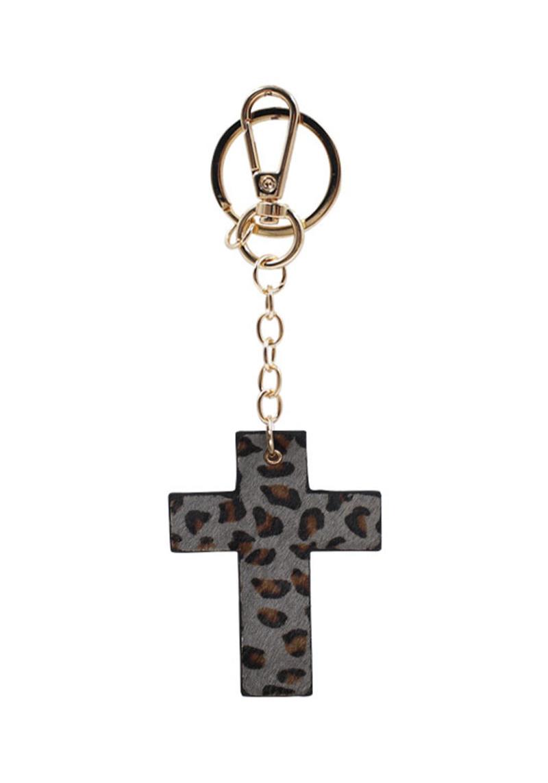 LEOPARD PRINT CROSS LEATHER KEY CHAIN