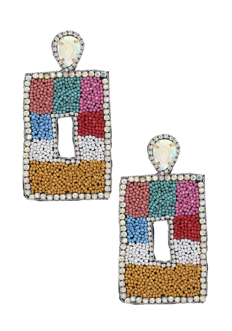 MULTI COLOR SEED BEAD RECTANGLE EARRING
