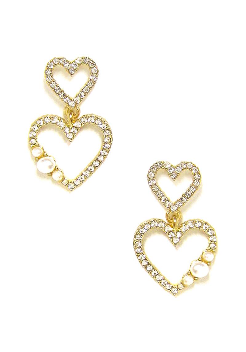 RHINESTONE PEARL STUDDED HEART DANGLE EARRING