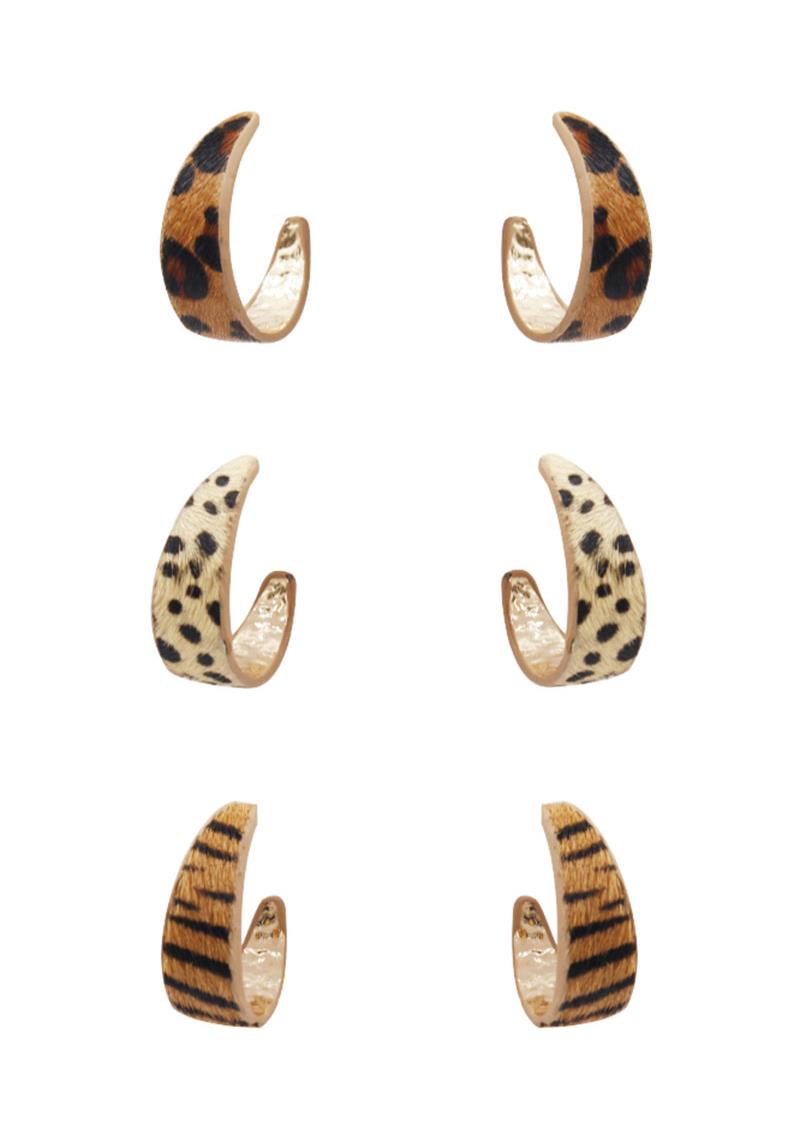 LEOPARD HAIRCALF HALF HOOP EARRING 3 PAIR SET
