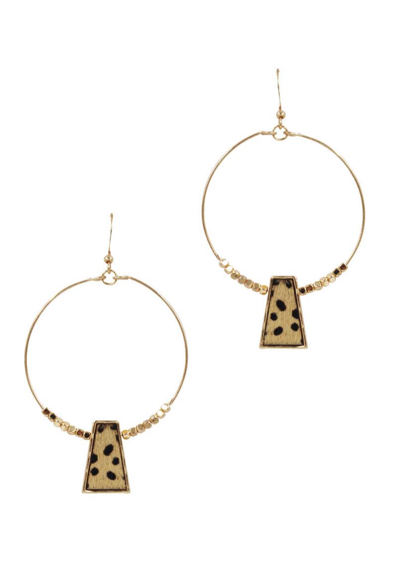 ROUND RECTANGLE LEOPARD HAIRCALF DANGLE EARRING
