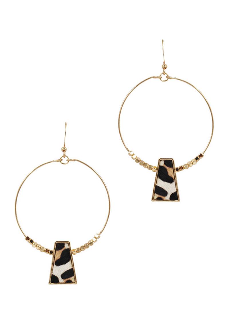 ROUND RECTANGLE LEOPARD HAIRCALF DANGLE EARRING