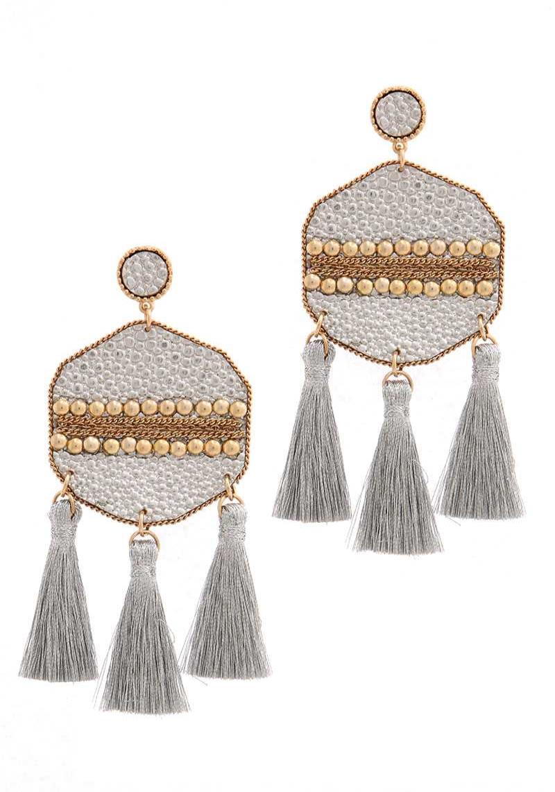 METAL STUD LEATHER TASSEL DROP EARRING