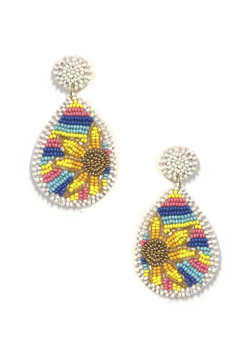 SEED BEAD SUNFLOWER TEARDROP DANGLE EARRING