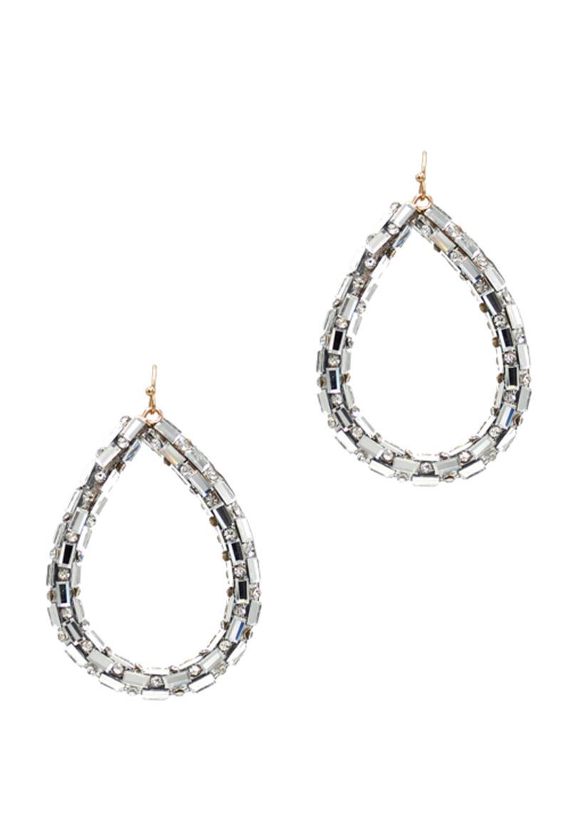 METAL STONE STUDDED TEARDROP HOOK EARRING