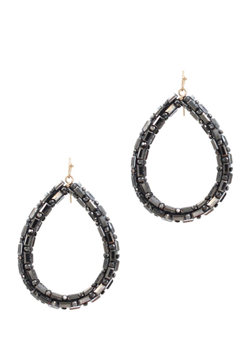 METAL STONE STUDDED TEARDROP HOOK EARRING