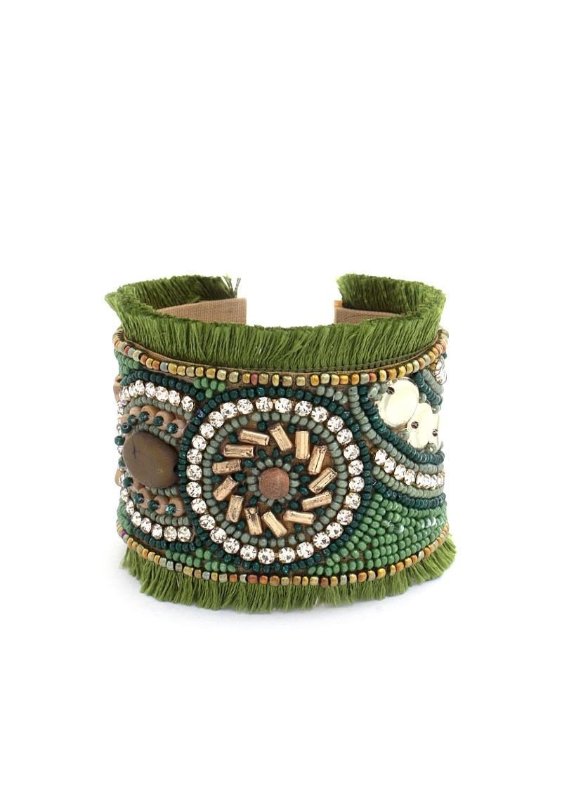 SEED BEAD RHINESTONE TASSEL EDGE CUFF BRACELET