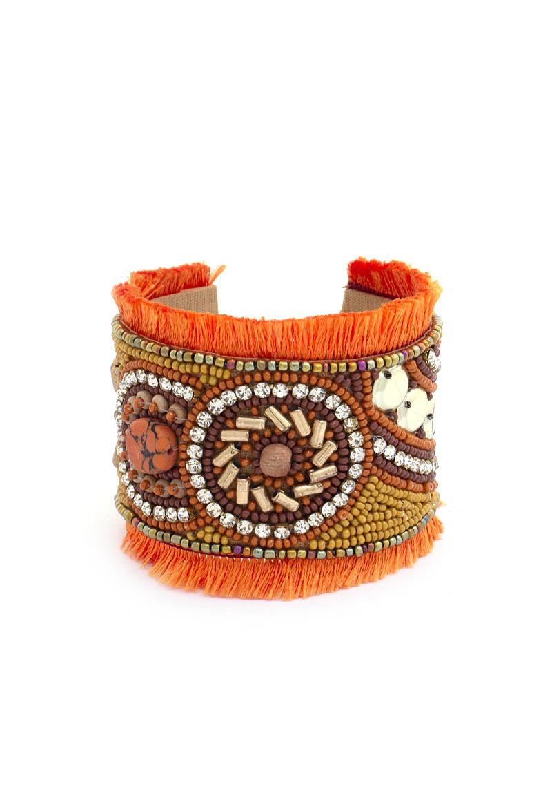 SEED BEAD RHINESTONE TASSEL EDGE CUFF BRACELET