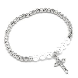METAL BALL PEARL BEAD CROSS BRACELET