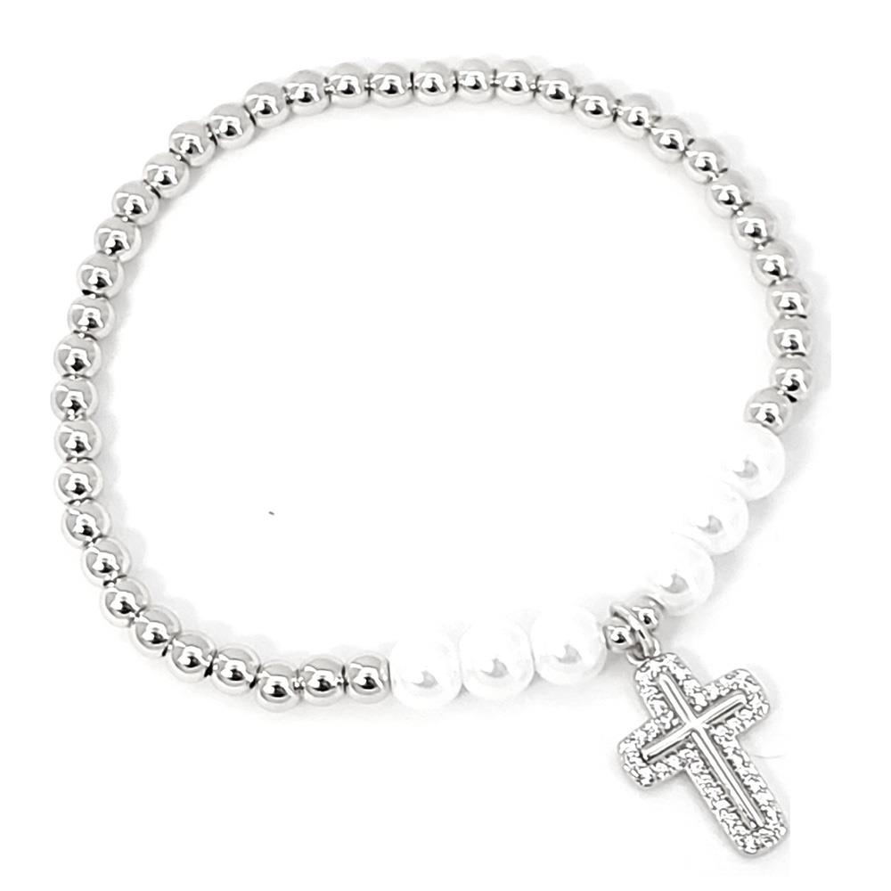 PEARL METAL BALL BEAD CROSS CHARM BRACELET