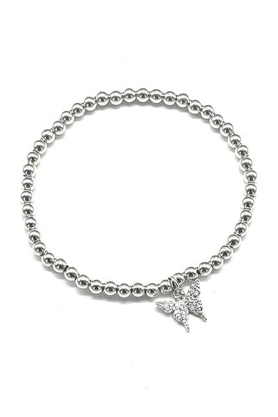 STAINLESS STEEL BALL CHAIN RHINESTONE BUTTERFLY CHARM STRETCH BRACELET