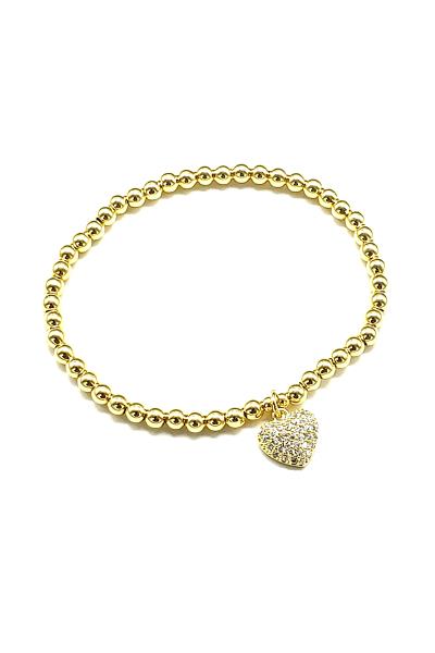 METAL BALL CHAIN RHINESTONE HEART STRETCH BRACELET