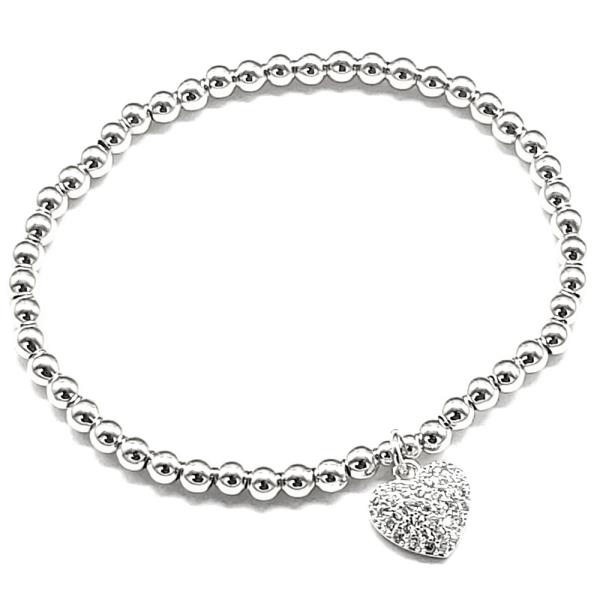 METAL BALL CHAIN RHINESTONE HEART STRETCH BRACELET