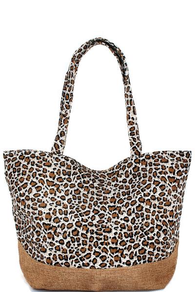 DESIGNER TWO TONE LEOPARD NATURAL WOVEN TOTE BAG