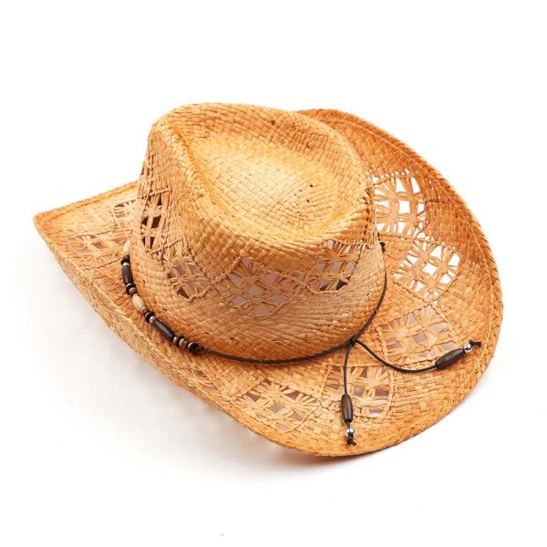 CC TEA STAINED RAFFIA CUT OUT DESIGN COWBOY HAT WITH WOOD BEADS