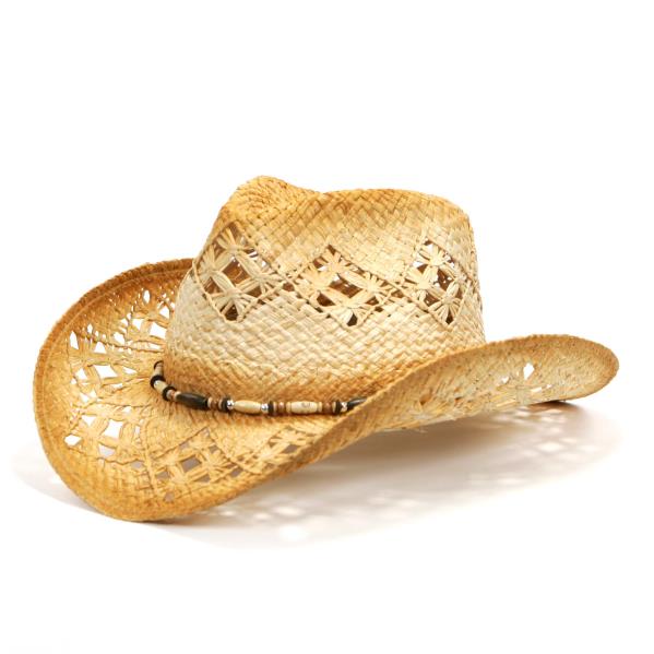 CC TEA STAINED RAFFIA CUT OUT DESIGN COWBOY HAT WITH WOOD BEADS