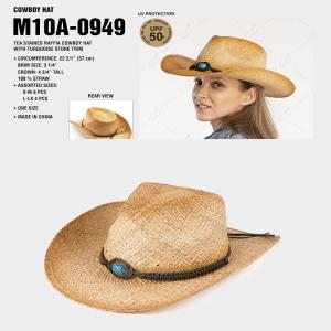 CC TEA STAINED RAFFIA COWBOY HAT WITH TURQUOISE STONE TRIM