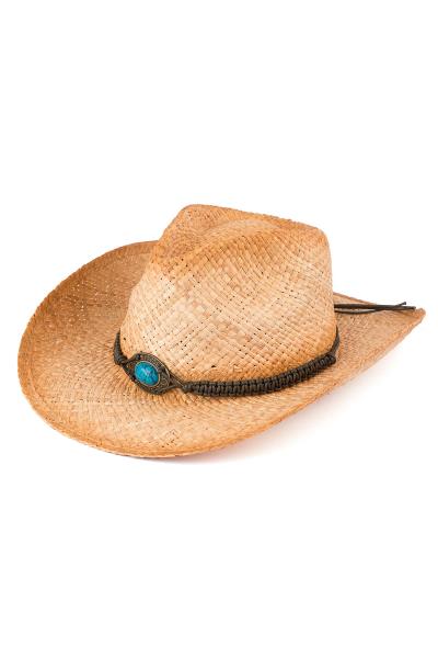 CC TEA STAINED RAFFIA COWBOY HAT WITH TURQUOISE STONE TRIM