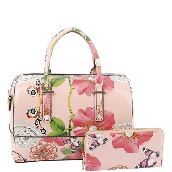 2IN1 FLORAL PRINT TEXTURE DUFFEL BAG WITH WALLET SET