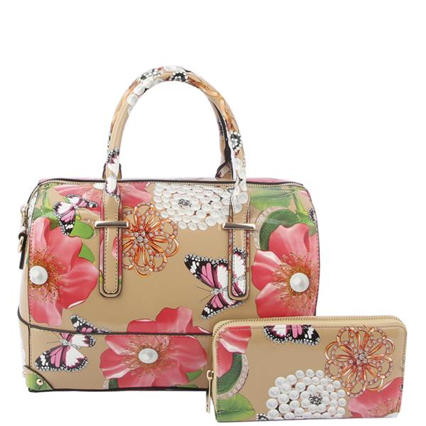 2IN1 FLORAL PRINT TEXTURE DUFFEL BAG WITH WALLET SET