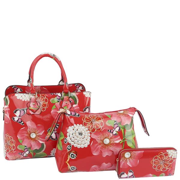 3IN1 FLORAL PRINT TEXTURE TOTE BAG WITH BAG AND WALLET SET