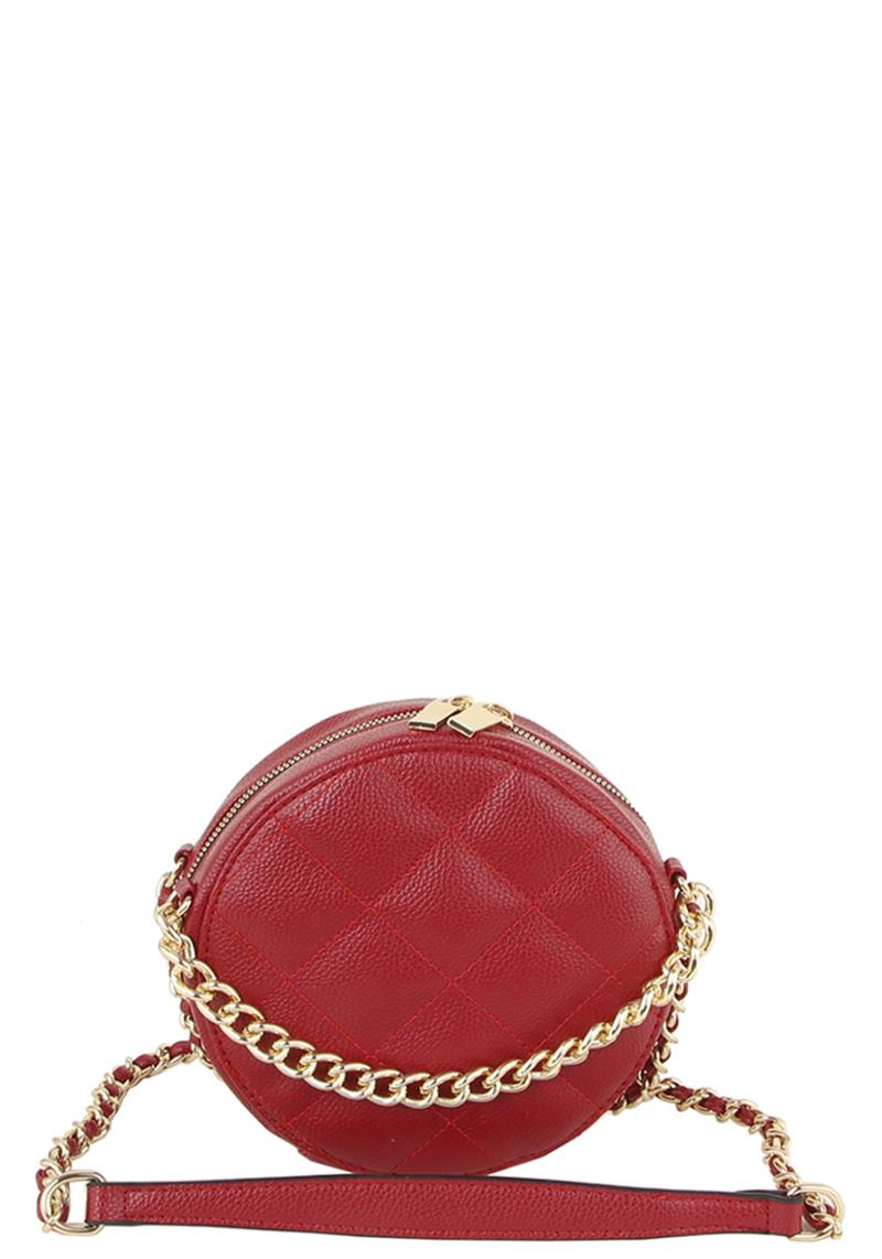 ROUND QUILT CHAIN HANDLE ZIPPER CROSSBODY BAG