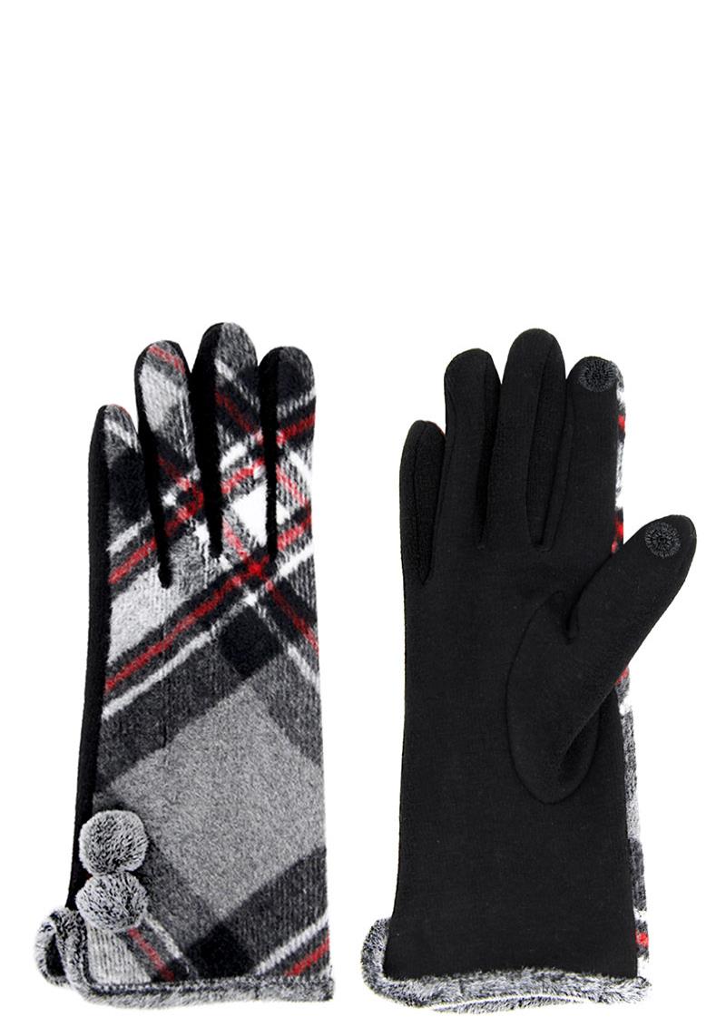 PLAID SMART GLOVE WITH POMPOM