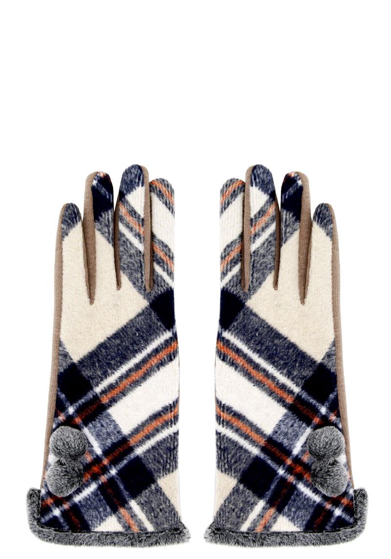 PLAID SMART GLOVE WITH POMPOM