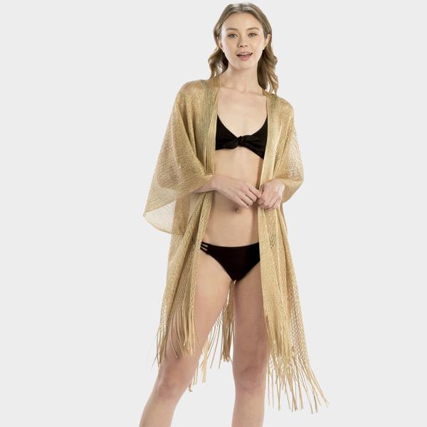 METALLIC NET SHAWL WITH FRINGES