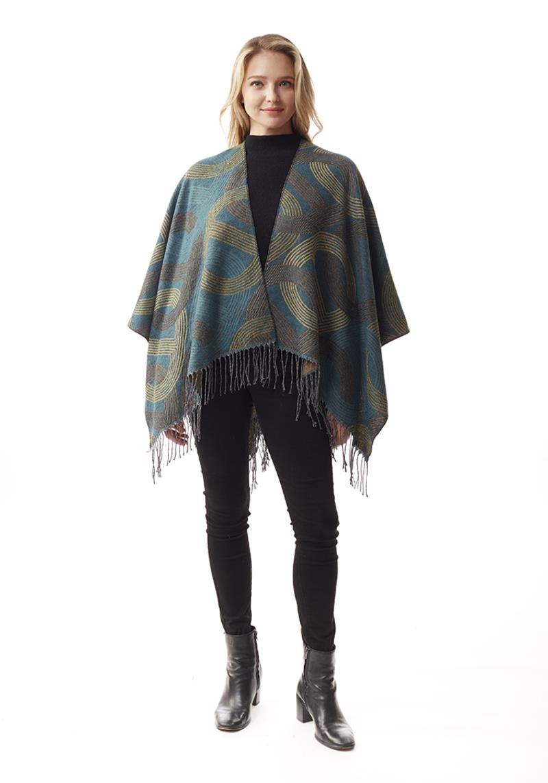 FASHION PATTERN EDGE TASSEL OPEN FRONT PONCHO