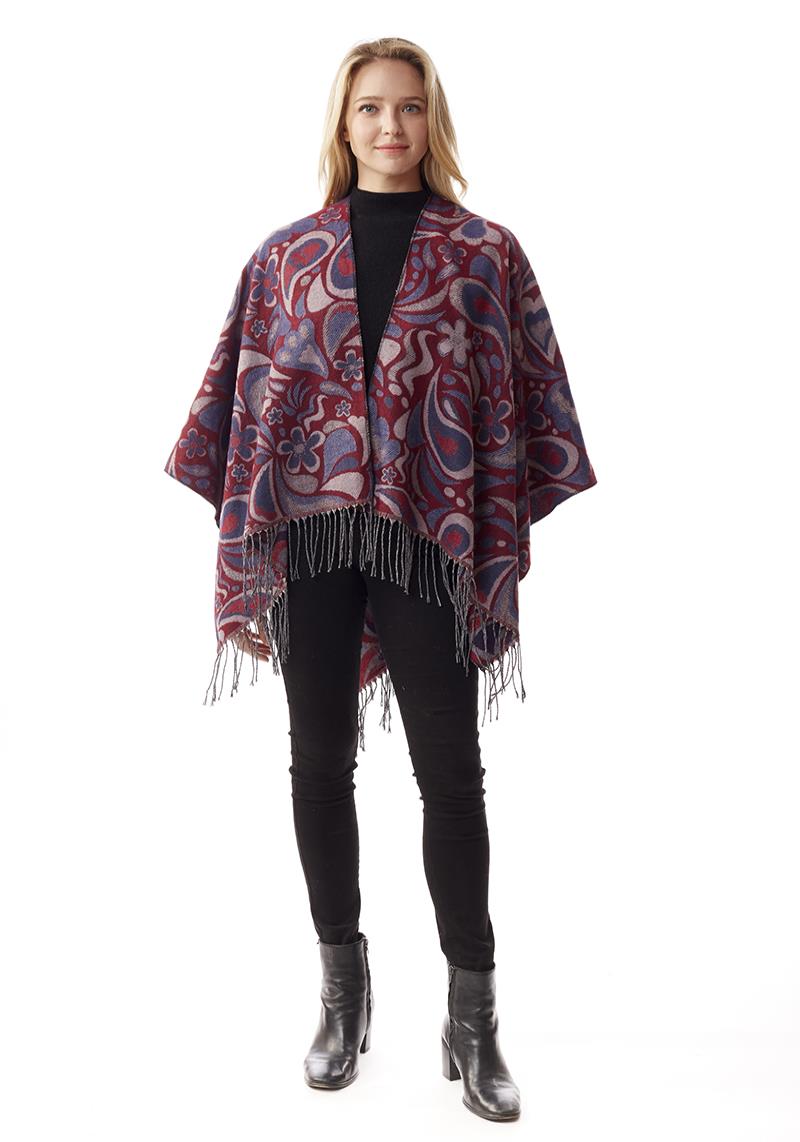 FASHION FLOWER PATTERN KNIT TASSEL OPEN FRONT RUANA
