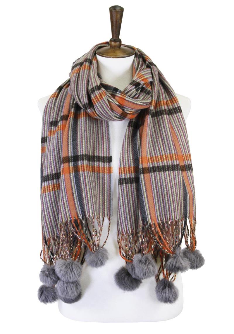 STRIPE CHECK EDGE TASSEL POM POM BLANKET SCARF