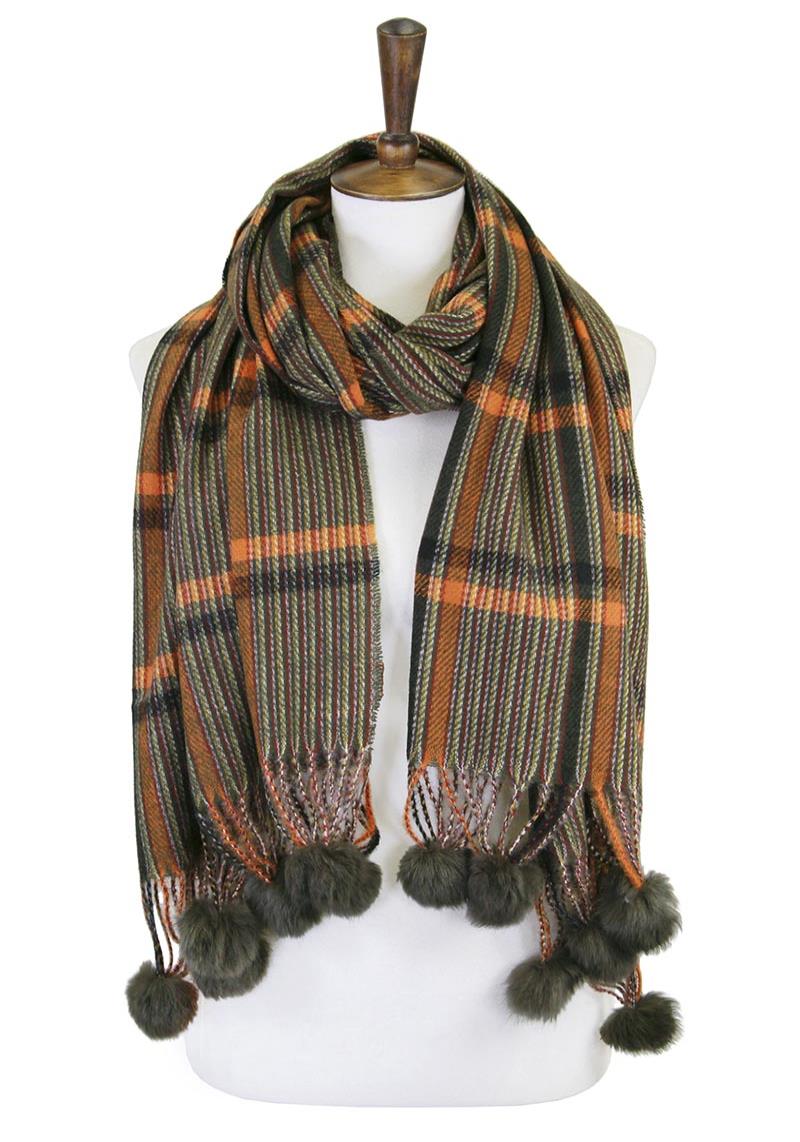 STRIPE CHECK EDGE TASSEL POM POM BLANKET SCARF
