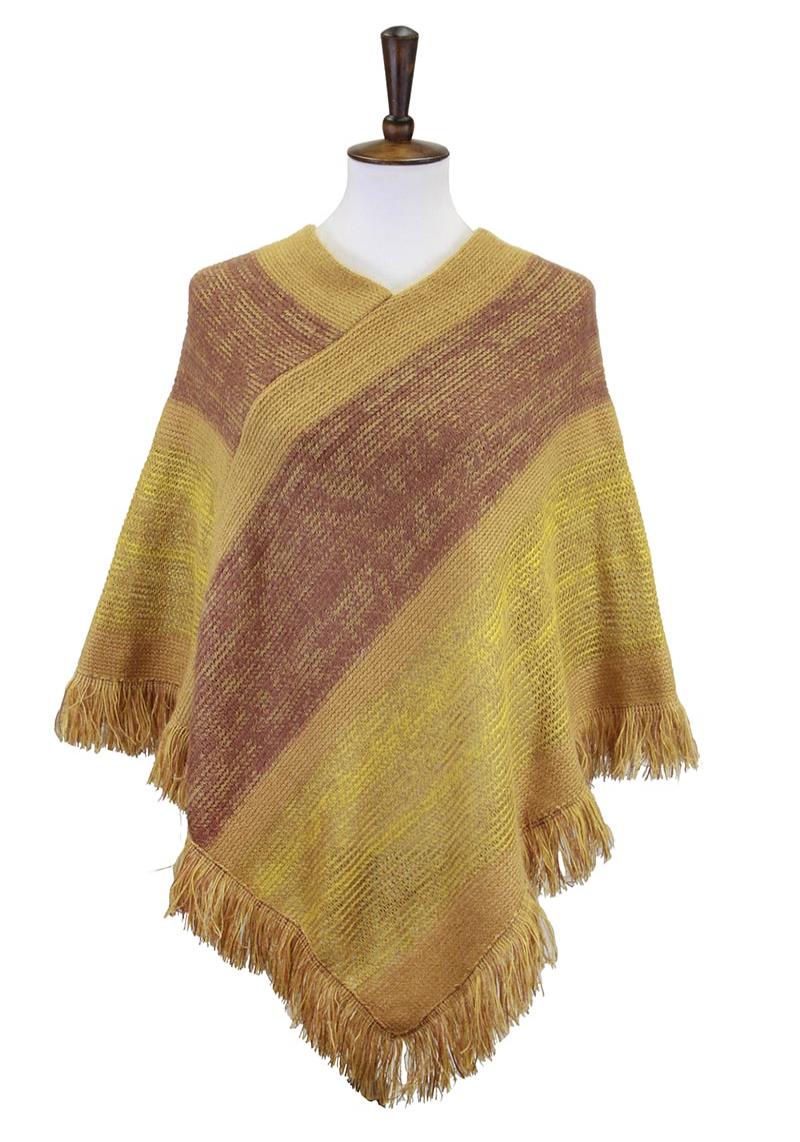 EDGE TASSEL COLOR STRIPE KNIT PONCHO