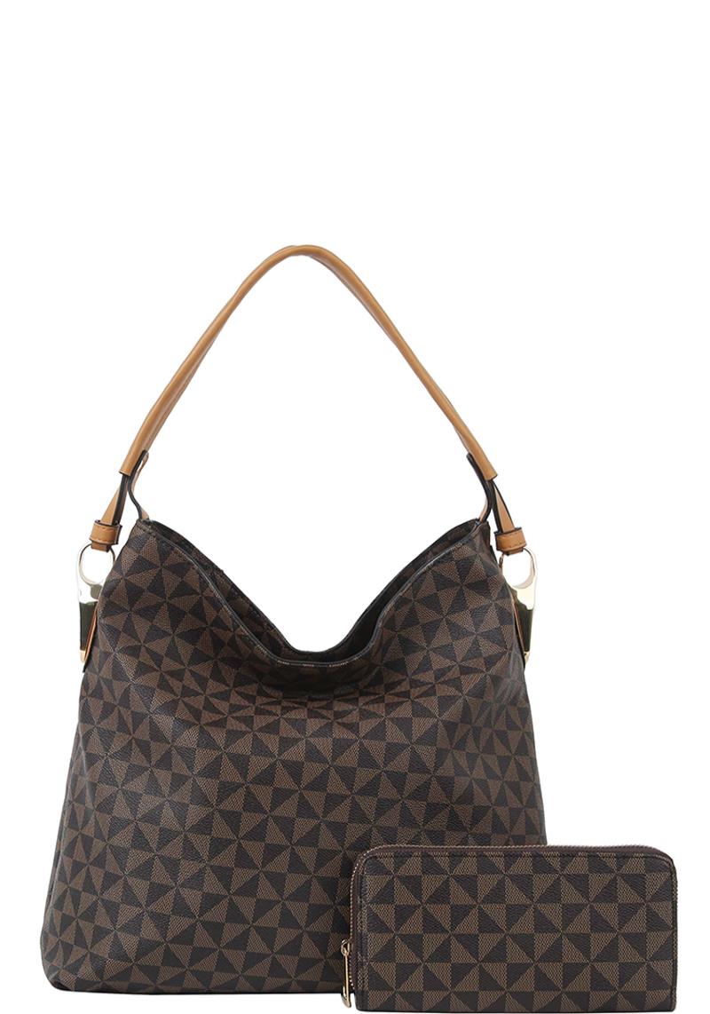 2IN1 TRENDY CHECKERED DESIGN HOBO BAG WITH MATCHING WALLET SET
