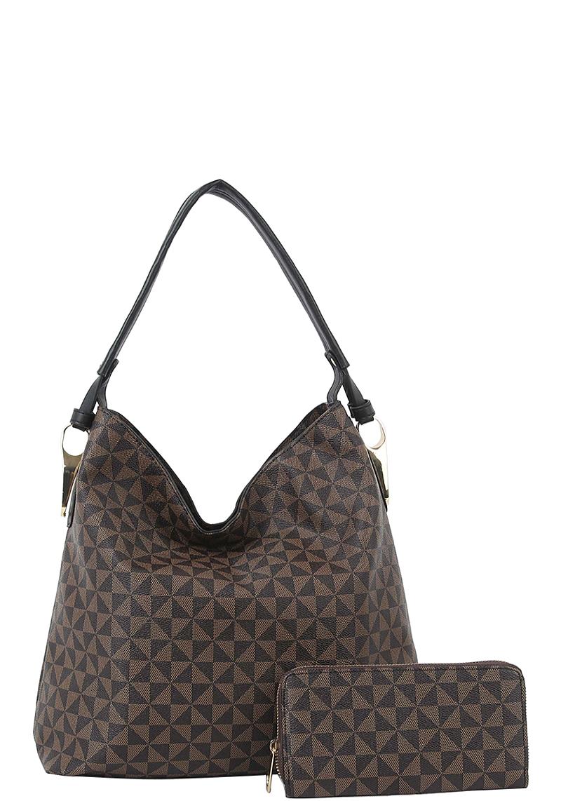 2IN1 TRENDY CHECKERED DESIGN HOBO BAG WITH MATCHING WALLET SET