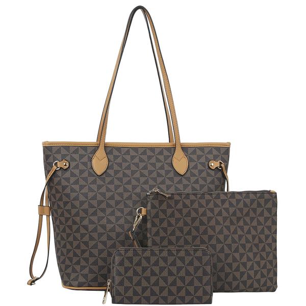 3IN1 SMOOTH CHECKER DESIGN TOTE BAG WITH MATCHING POUCH BAG AND WALLET SET