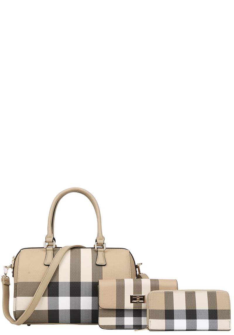 3IN1 PLAID CHECKER DUFFEL BAG WITH CLUTCH AND WALLET SET