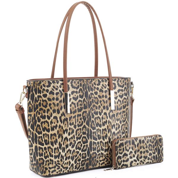 2IN1 FASHION SMOOTH LEOPARD PRINT SHOPPER BAG WITH MATCHING WALLET SET