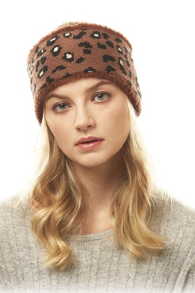 LEOPARD PATTERN FAUX FUR KNIT HEADWRAP HEADBAND