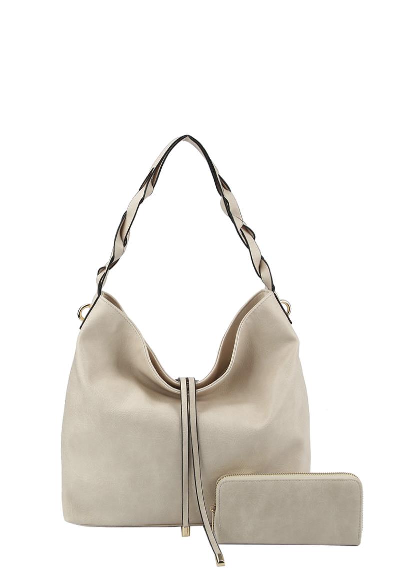 2IN1 FASHION LONG STRING TWISTED HANDLE HOBO BAG WITH MATCHING WALLET SET