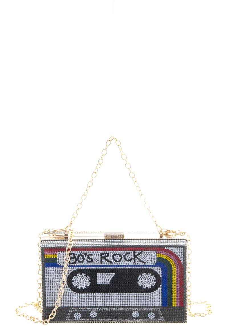 STYLISH RHINESTONE VINTAGE CASSETTE TAPE WITH HANDLE CROSSBODY CLUTCH BAG