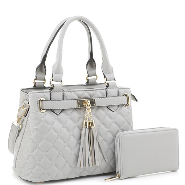 2IN1 STYLISH QUILTED TASSEL HANDLE TOTE BAG WITH WALLET SET